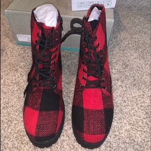Red and black plaid combat boots